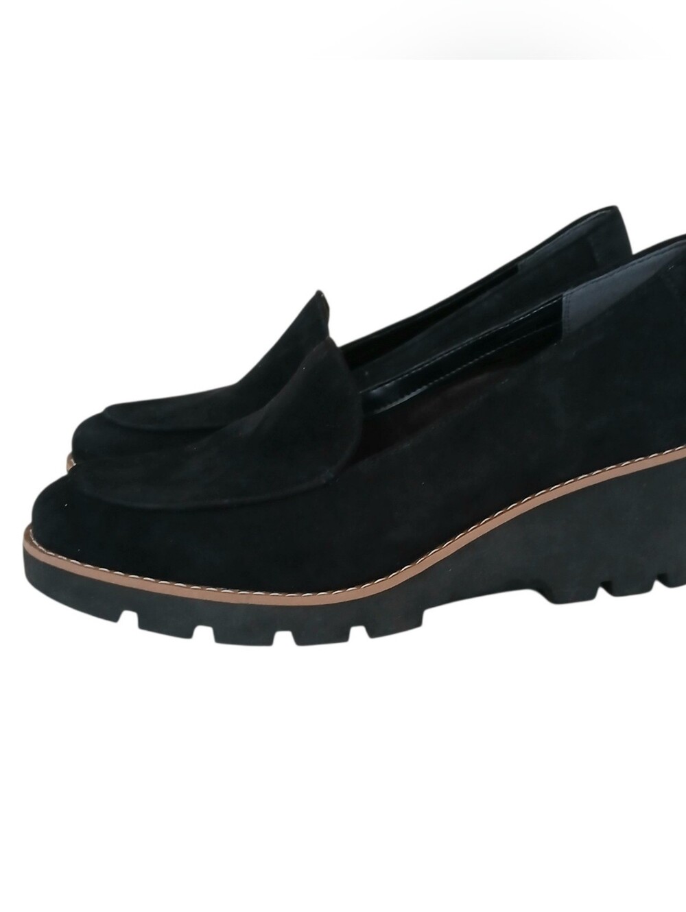 VIONIC Ava Suede Wedge Loafers Women's 8.5 Black Comfort Lug Sole Support